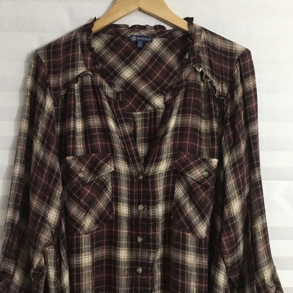 Democracy Plaid Button Down Shirt - Burgundy and Cream